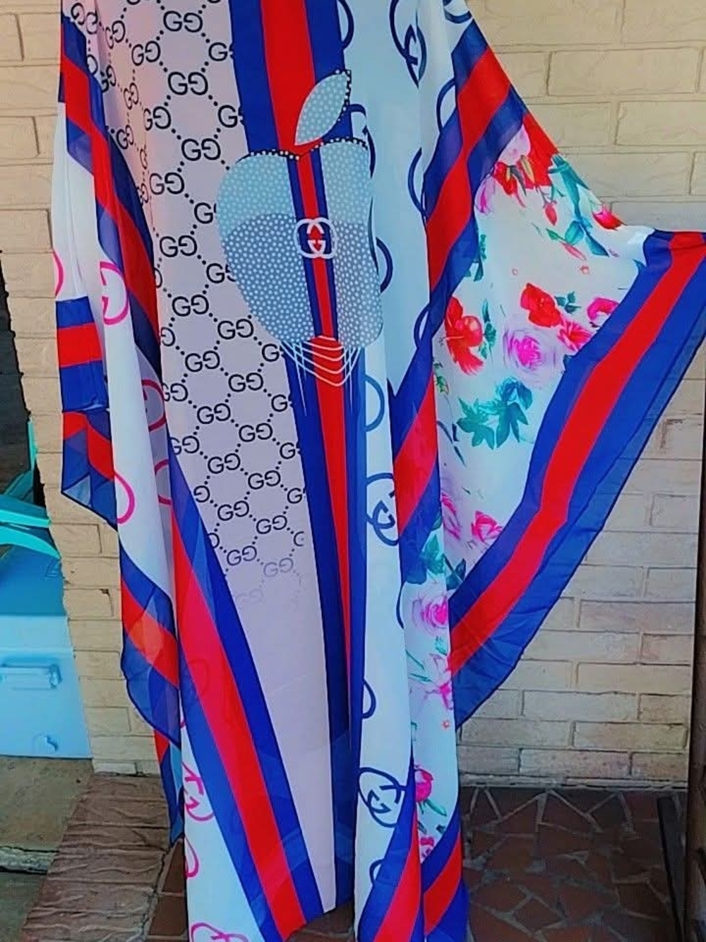 GG Logo Print Maxi Kaftan in Blue, Red & White